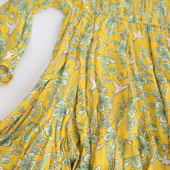 Rhode Resort Ella Printed Long-Sleeve Yellow Floral w Bird Motif Midi Dress M - Picture 6 of 12